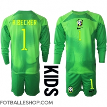 Brasil Alisson Becker #1 Keeper Replika Bortedrakt Barn VM 2022 Langermet (+ bukser)